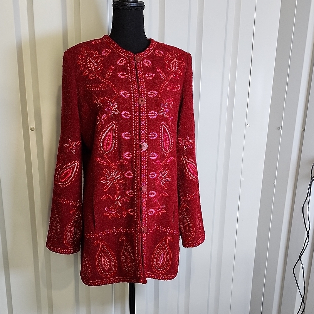 Linea by Louis Dell'Olio Red Textured Wool Blend Cardigan Jacket Size Small